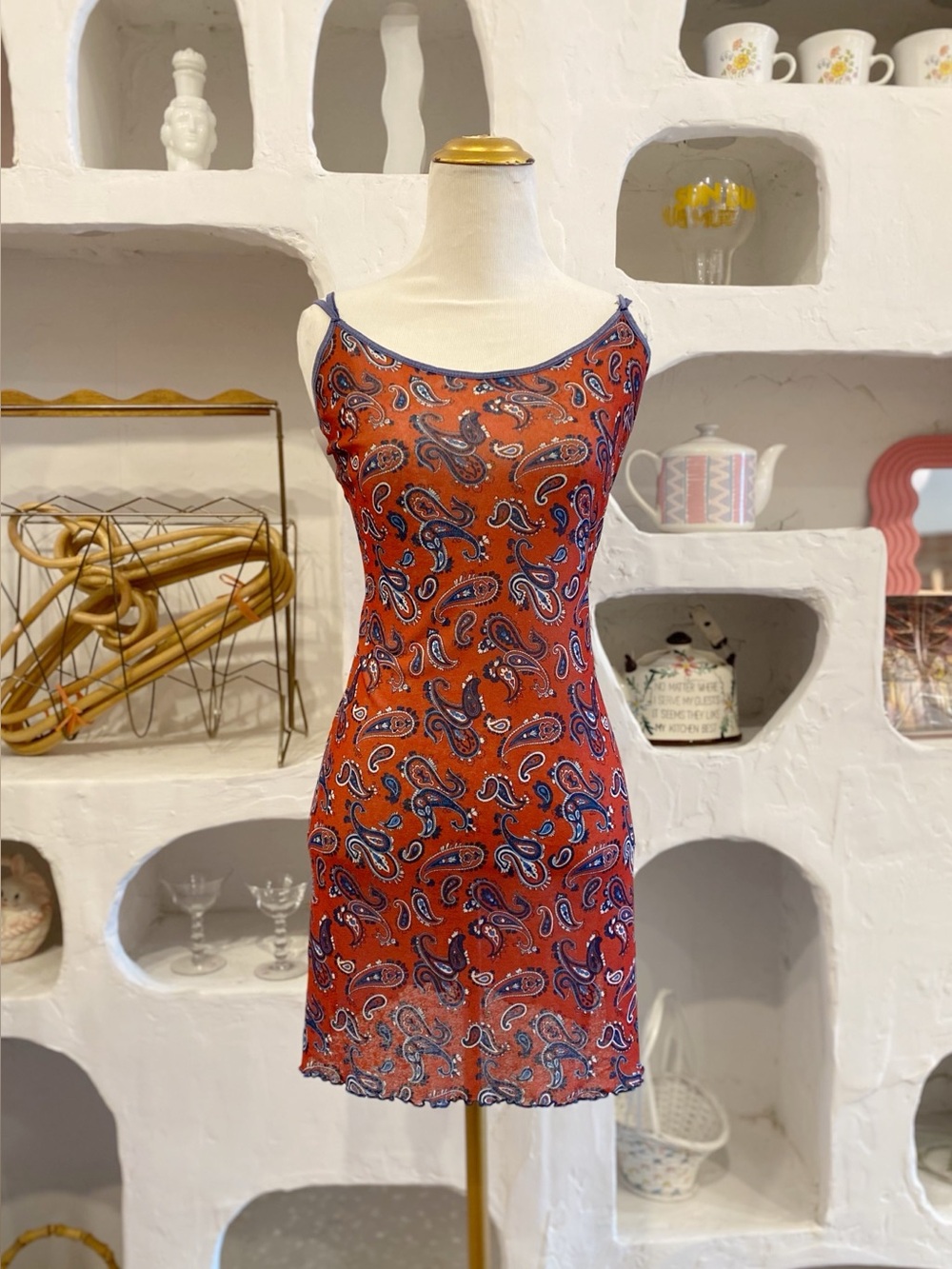 Y2K Red & Navy Paisley Stretchy Mesh Slip Mini Dress with Lettuce Trim